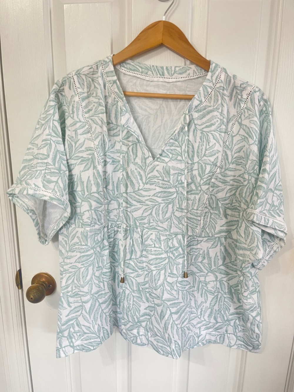 Wonderly Gauzy Cotton Peasant Top Women's 1X Green Tie Neck Boho Cottage